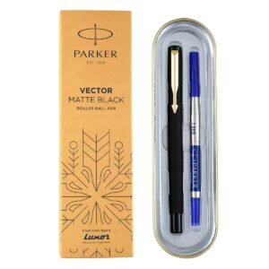 Parker Vector Matte Black Gold Trim Roller Ball Pen | Ink Color - Blue | Gift for Employees | Best Choice for Corporate Professionals | StylishSurprise – Best Gift Store in Mumbai, Thane & Gorbunder Road
