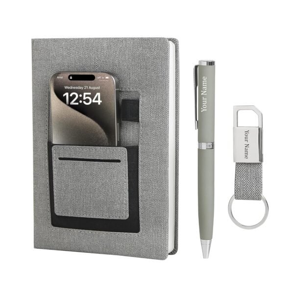 Tempt Personalized Diary with Pen and Metal Keychain Gift Set – 3 in 1 Organiser Diary Combo with Name Engraving | Ideal Personalized Gift for Husband, Father, Corporate New Year Gift for Employees | Grey | - Image 2